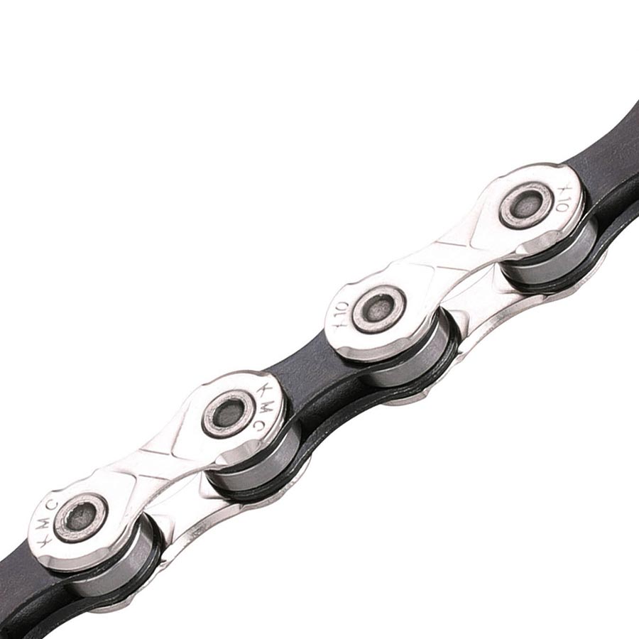 KMC X10 10-speed silver bicycle chain with 116 links, 5.88mm width, designed for durable bike gear shifting.