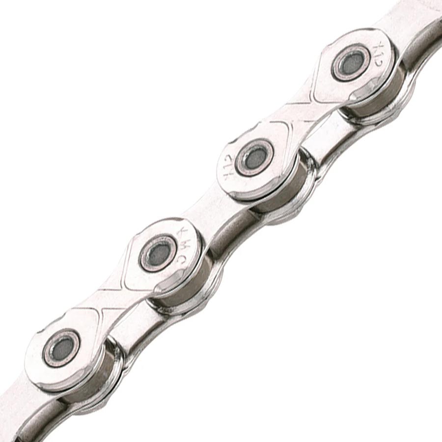 KMC X12 bike chain with 12-speed links, silver color, featuring 5.2mm width, displayed with close-up detail.