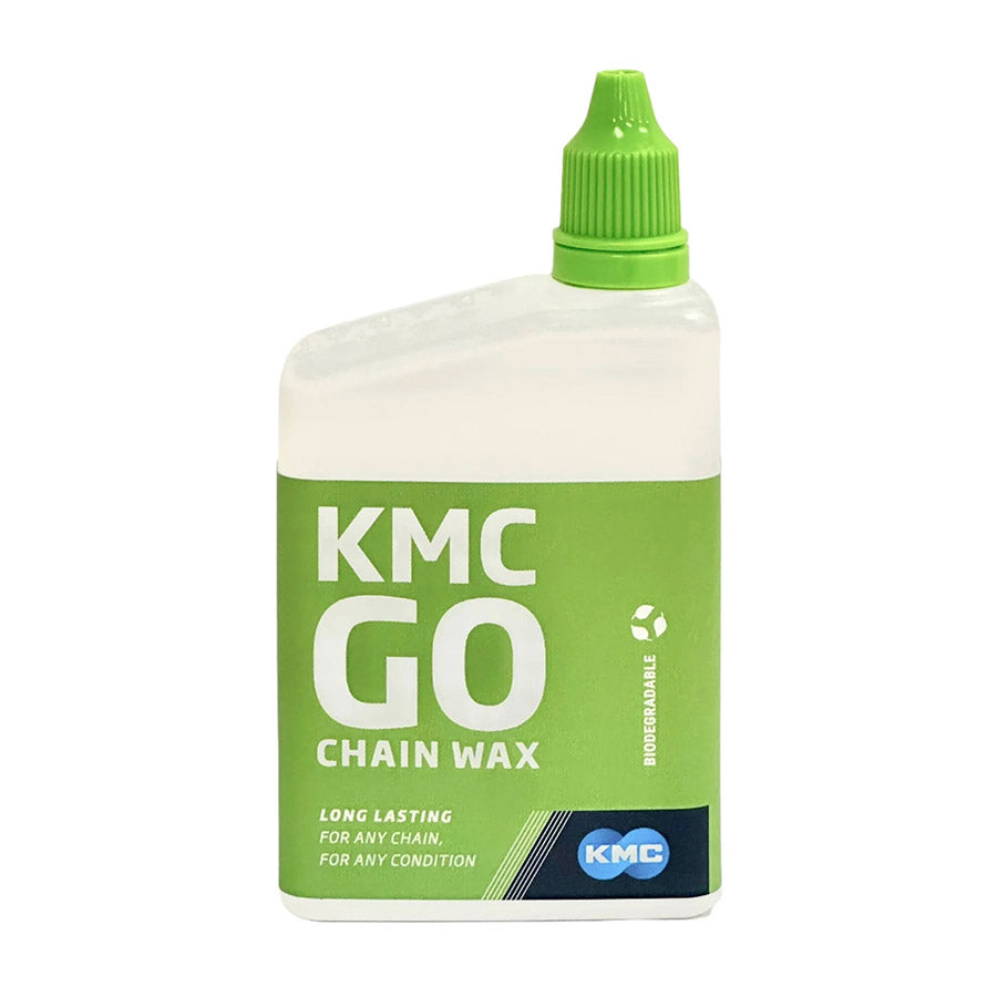 KMC Go Wax lubricant bottle, 150ml, with a clear label showing product name and branding, designed for bike chain lubrication.