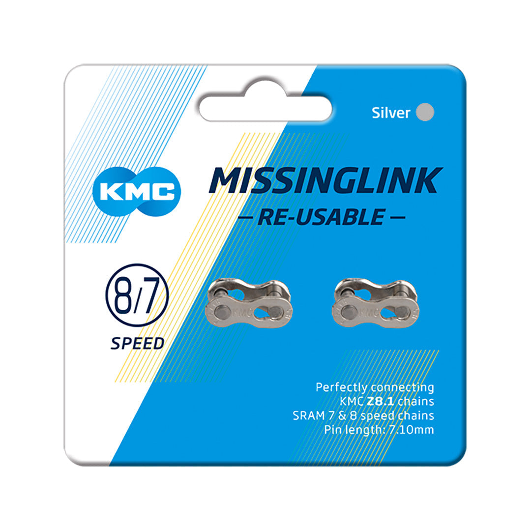 KMC Missing Link single chain link and pin for bicycle chains, black metal, compact and durable for easy chain connection.