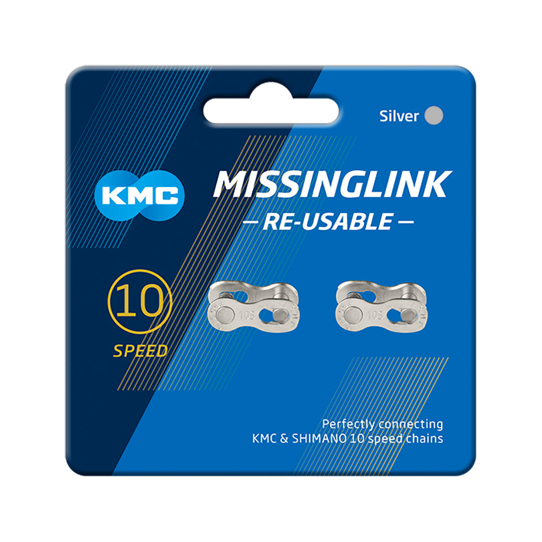 KMC Missing Link single chain link and pin, compatible with bike chains, in silver metal finish, for easy chain repairs.