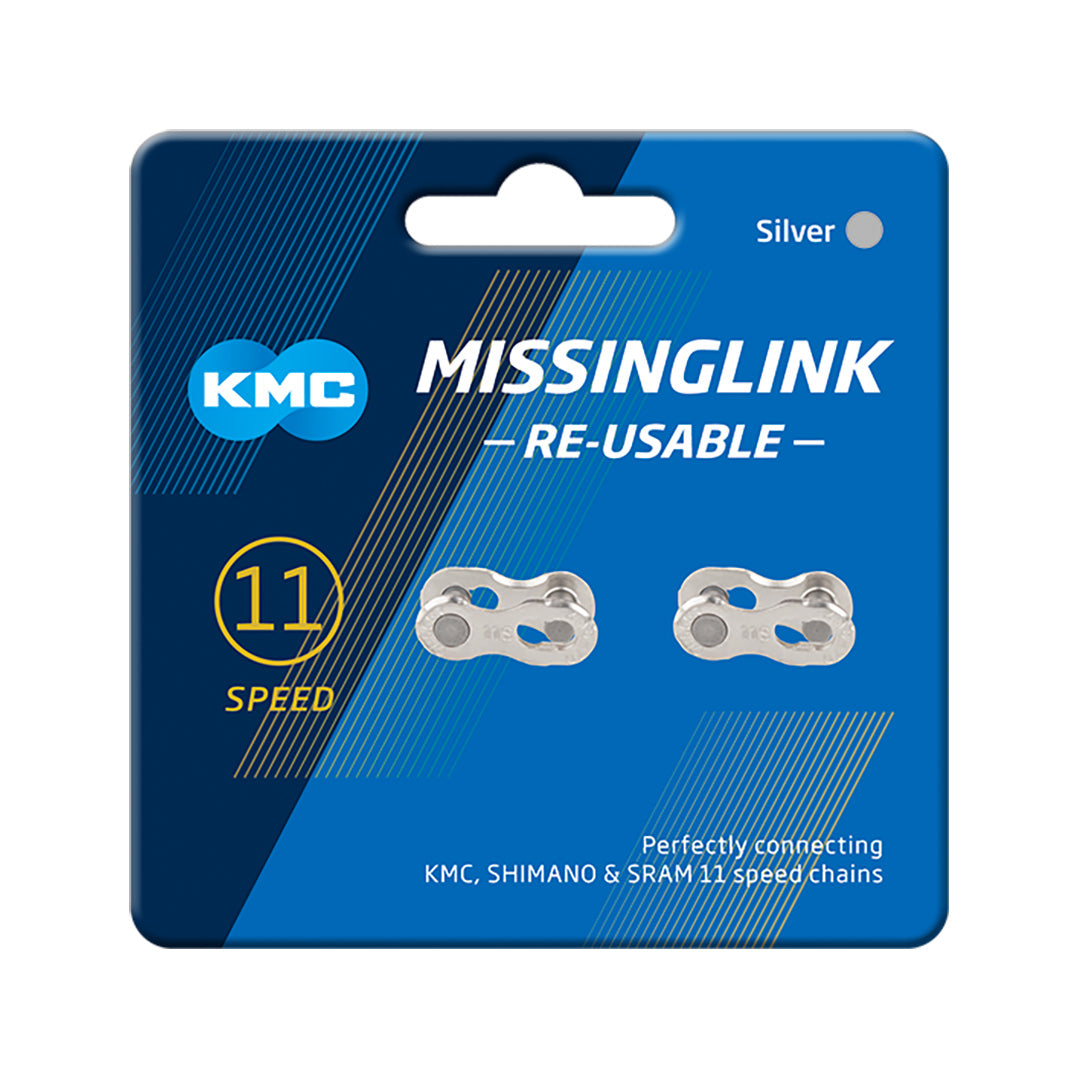 KMC Missing Link single chain link and pin for bicycle chains, black metal repair connector, close-up view