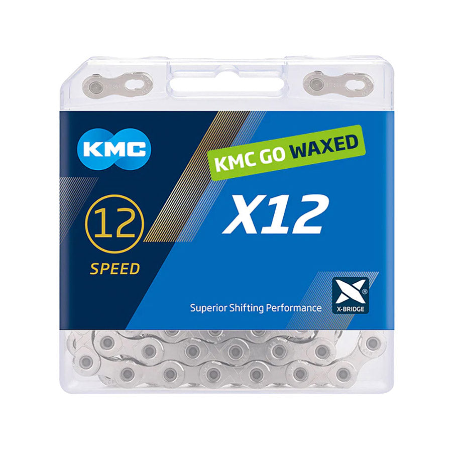 KMC X12 Wax bike chains in silver with detailed links for high-performance mountain biking and cycling.