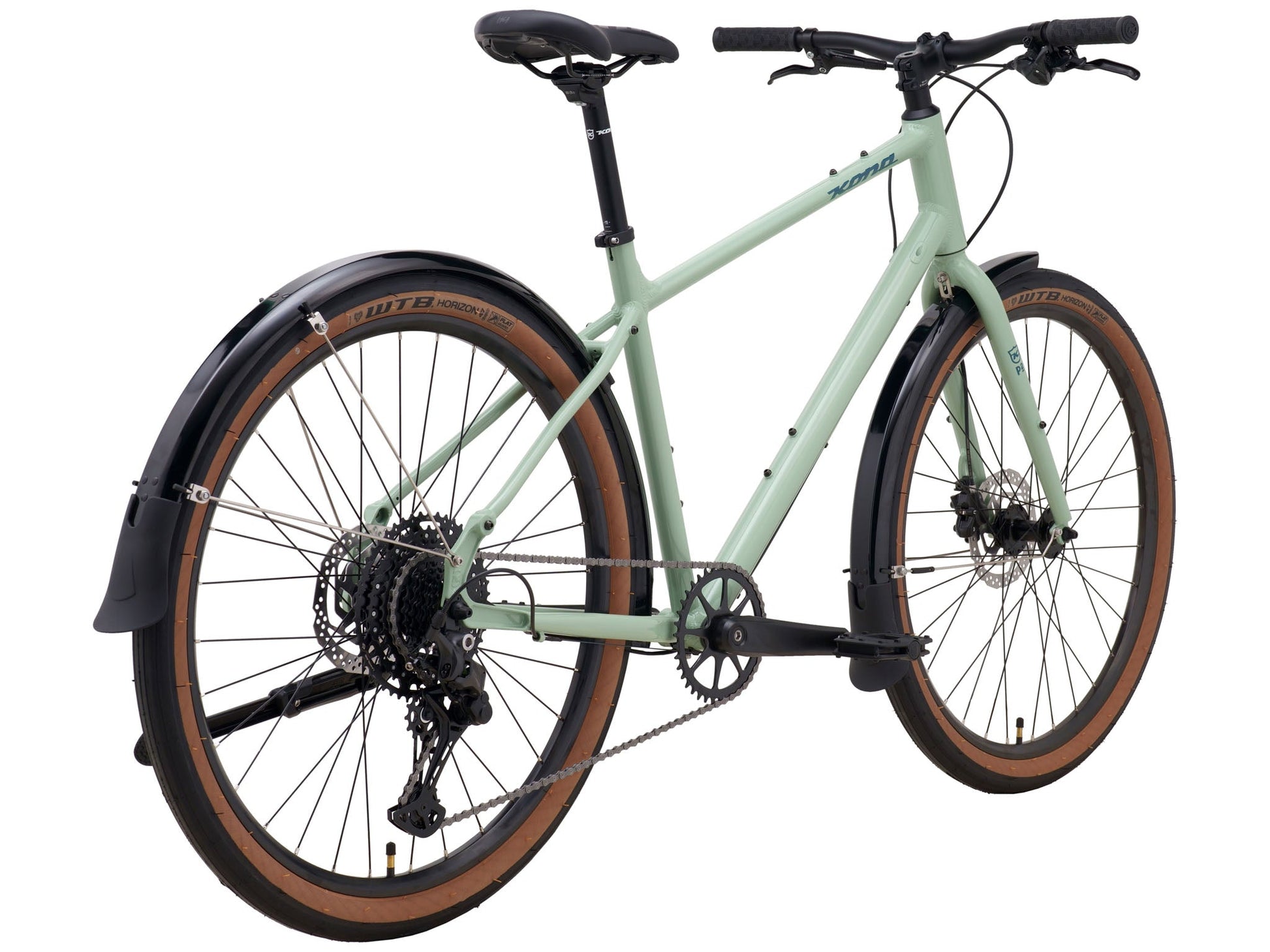 Kona Dew DL urban city bicycle with black frame, front suspension, and city riding features, ideal for urban commuting.