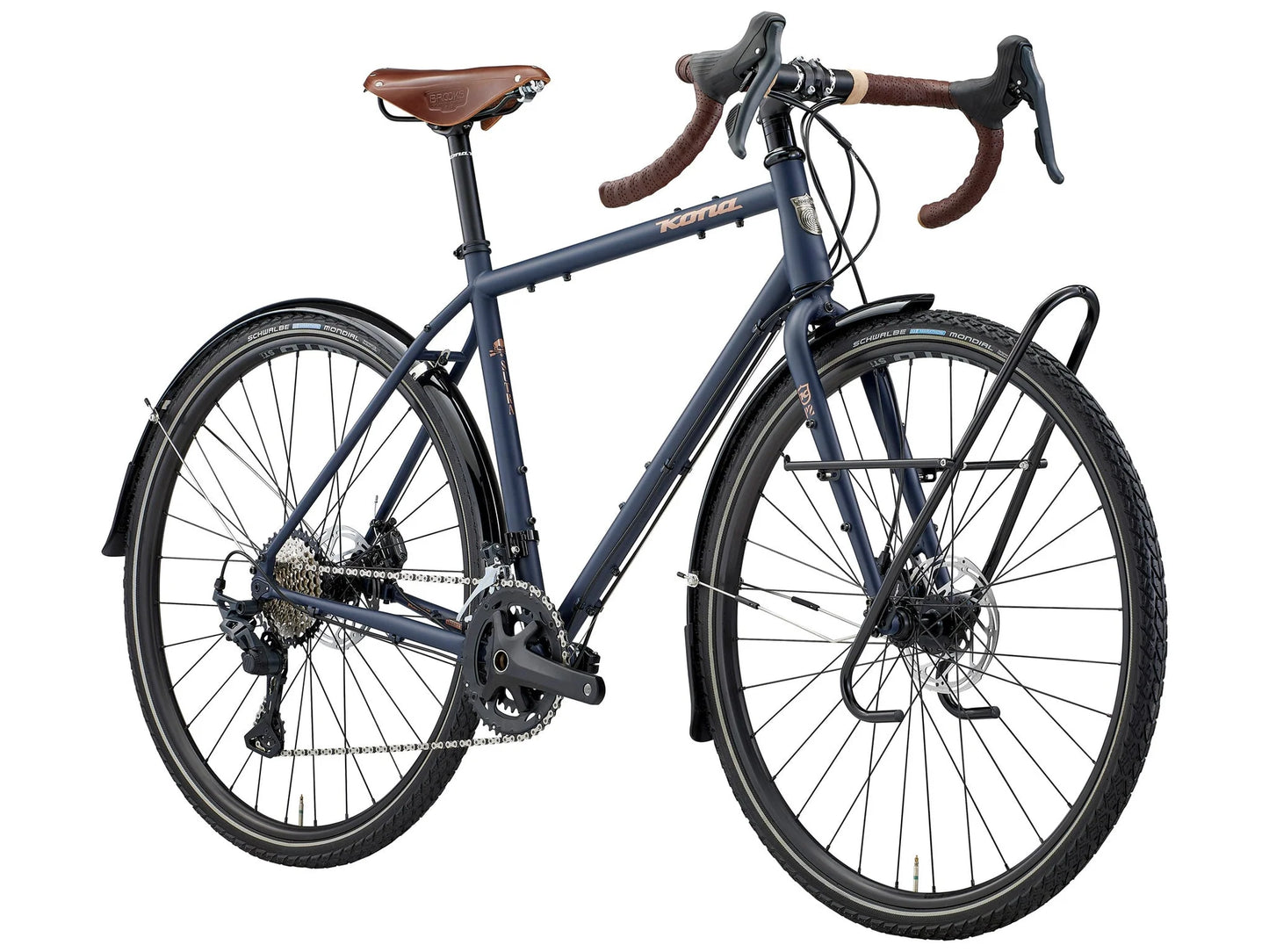 Kona Sutra touring bike with drop handlebars, sturdy frame, and luggage racks, ideal for long-distance cycling adventures.