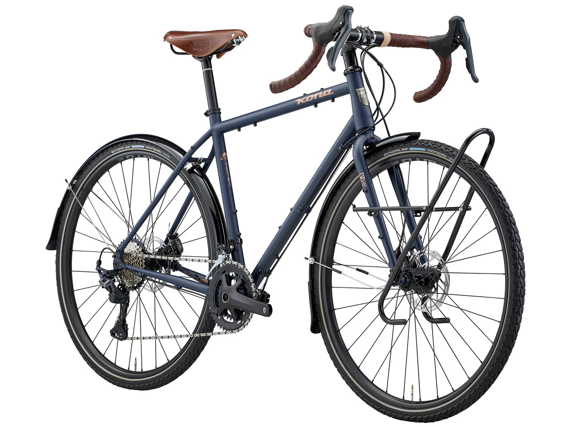Kona Sutra touring bike with drop handlebars, sturdy frame, and luggage racks, ideal for long-distance cycling adventures.