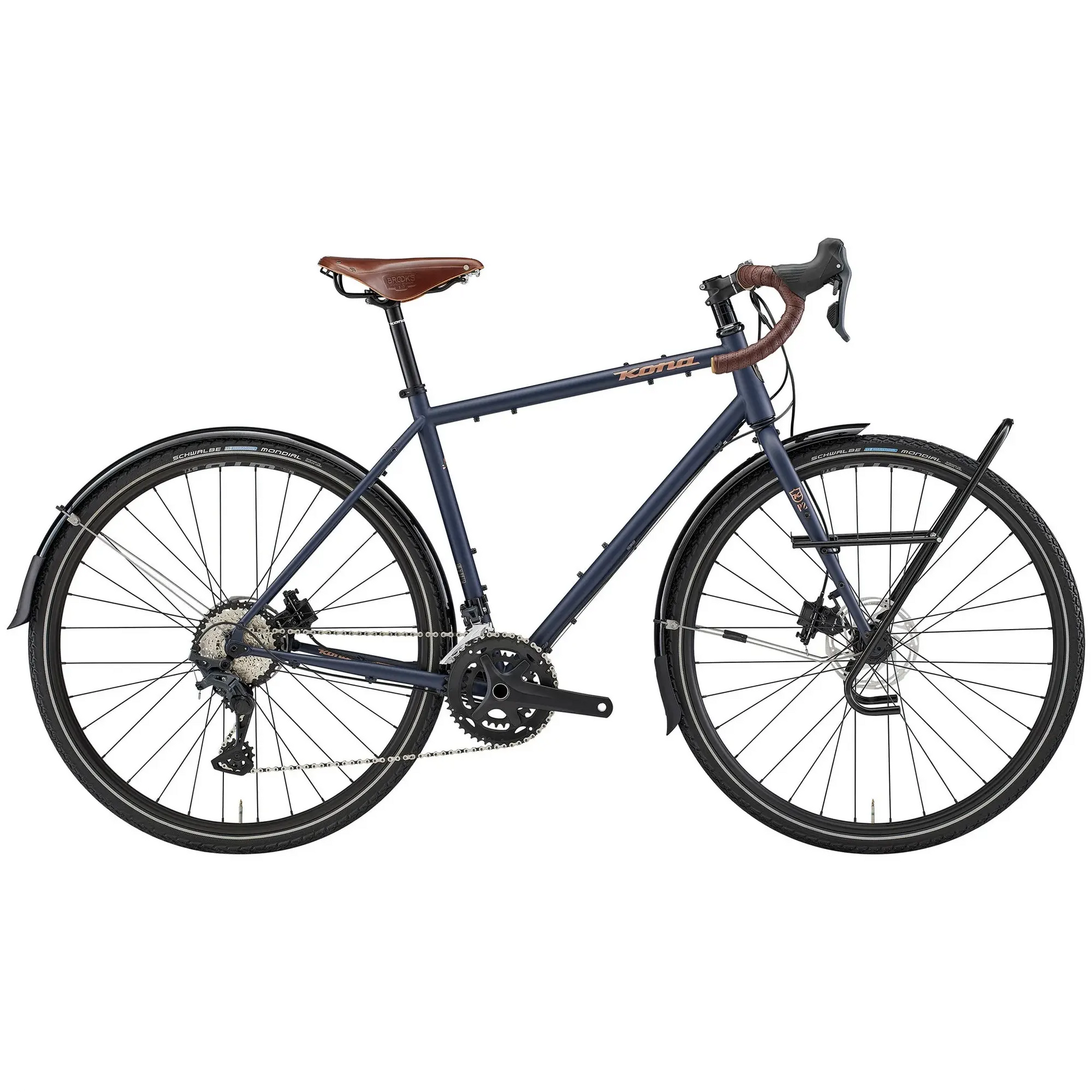 Kona Sutra touring bike with black frame, drop handlebars, and pannier rack for long-distance cycling adventures
