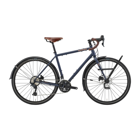 Kona Sutra touring bike with drop handlebars, black frame, and multiple gears, designed for long-distance cycling adventures.