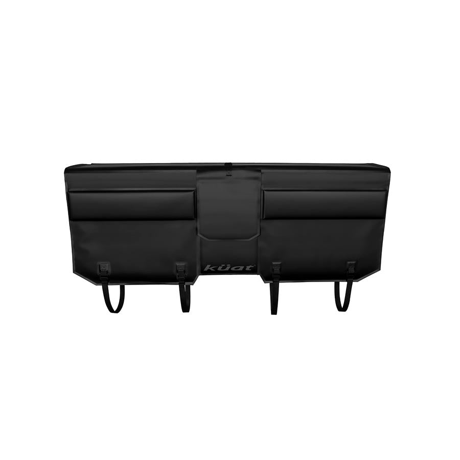 Kuat Huk tailgate pad for truck bed racks, curved design, black padding, securely attached to truck tailgate.
