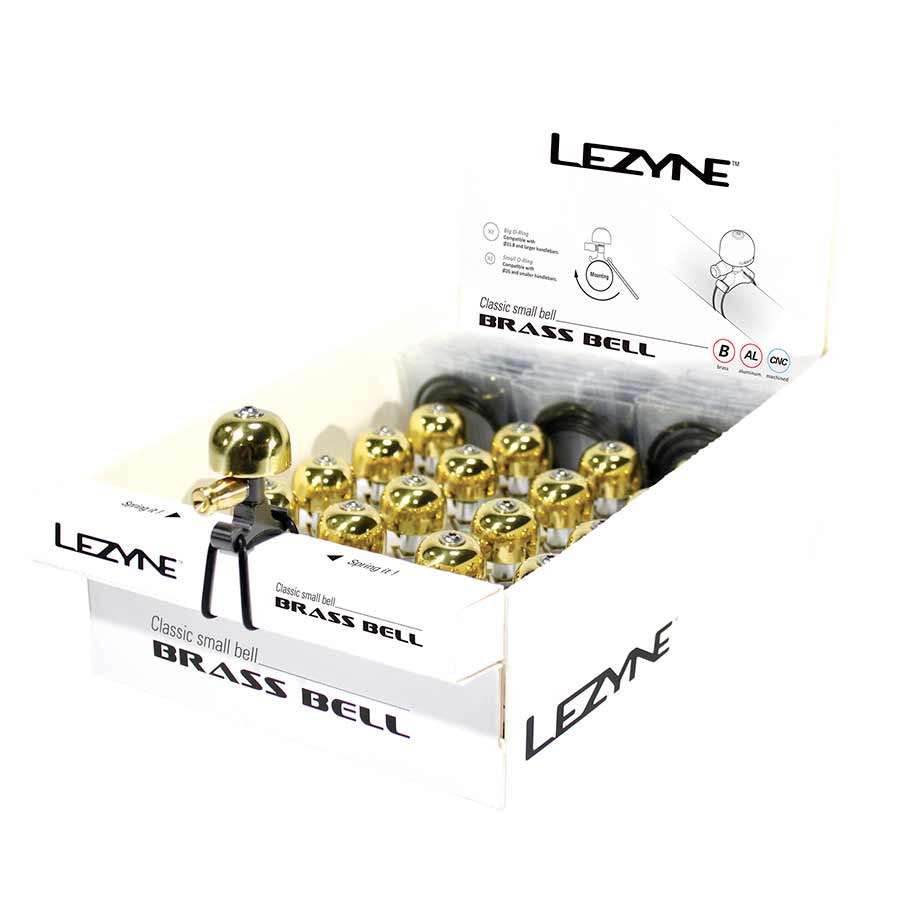 Set of 16 Lezyne classic brass bells, small size, for bikes or decorative use, featuring traditional design and durable brass construction.