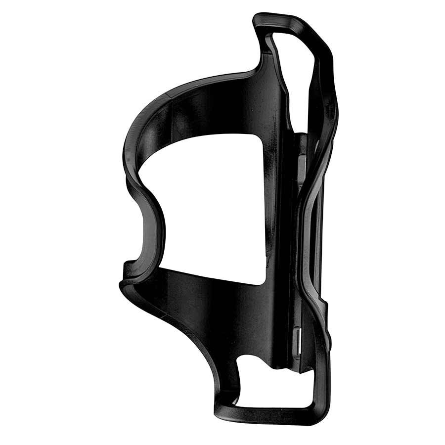 Lezyne Flow Side Load black bottle cage for bikes, lightweight and durable, designed for side-loading hydration bottles.
