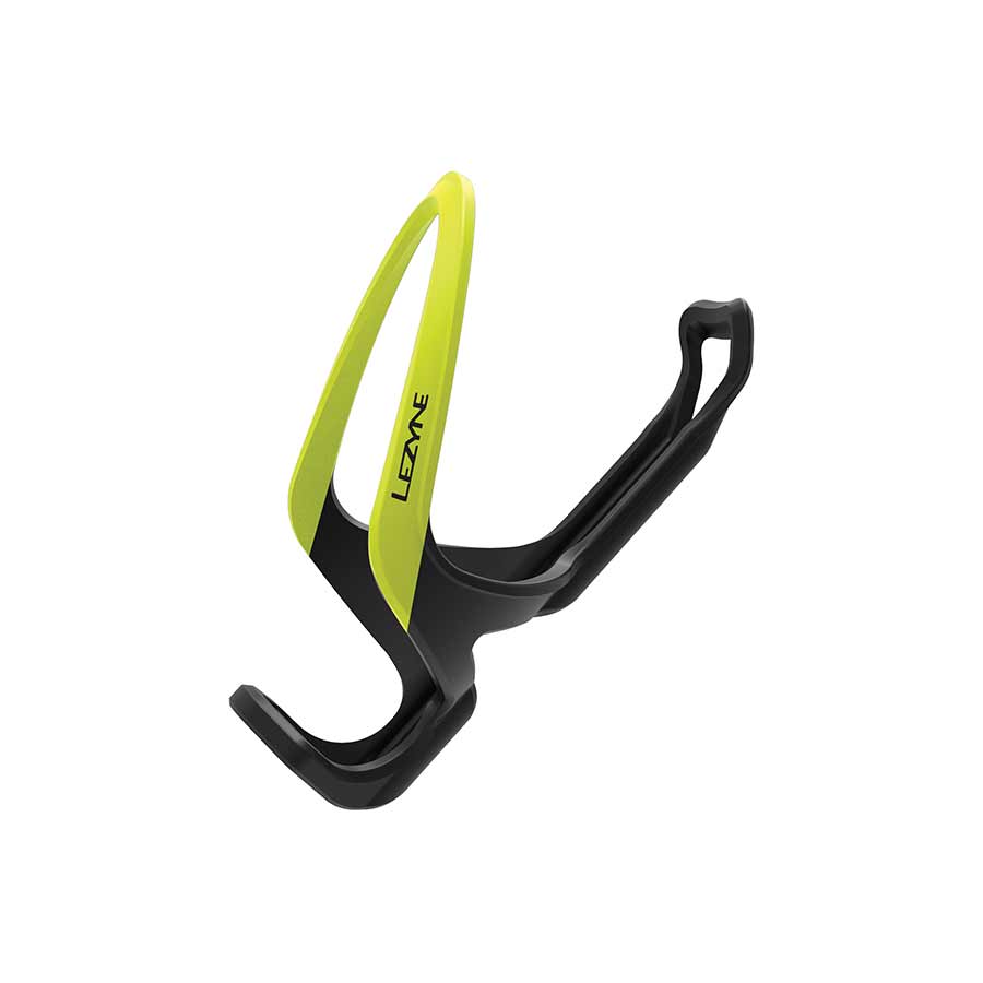 Red Lezyne Matrix Team bottle cage attached to a bicycle frame, lightweight design for secure hydration storage.