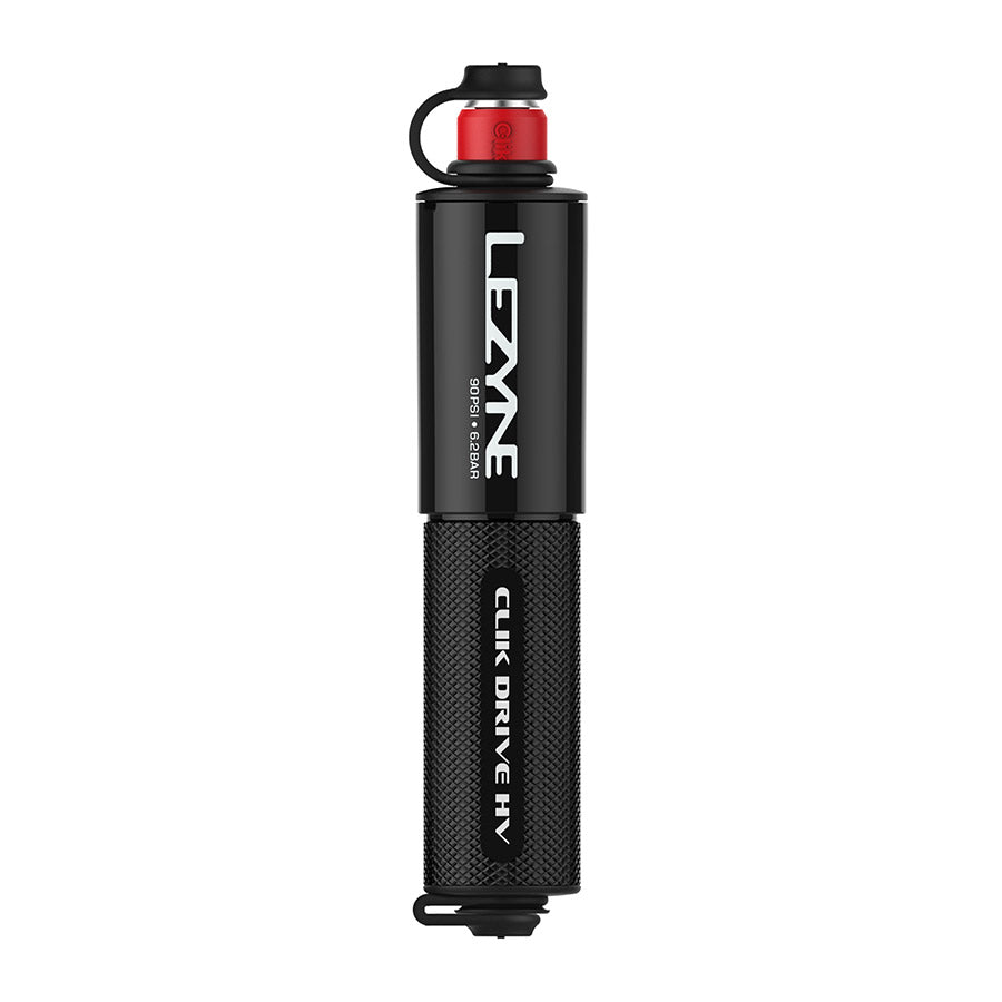 Lezyne CLIK Drive HV frame pump in black, compact bike pump with high-volume air capacity, mounted on a bicycle frame.