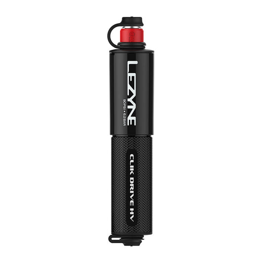 Lezyne CLIK Drive HV frame pump in black, compact bike pump with high-volume air capacity, mounted on a bicycle frame.