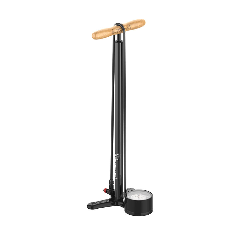 Lezyne CLIK Floor Drive HP floor pump with ABS Pro chuck, black, for bicycle tire inflation and high-pressure cycling needs.