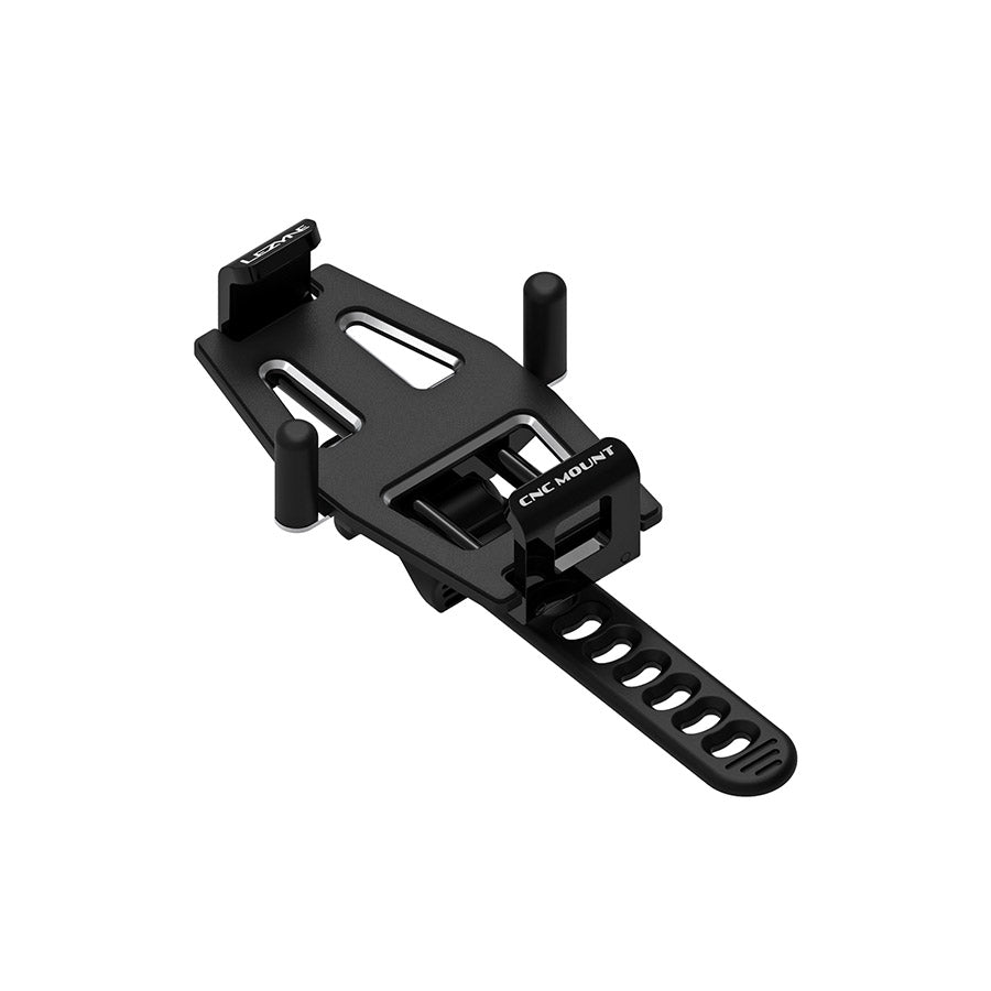 Lezyne CNC phone mount for smart phones, alloy construction, secure bike handlebar attachment for cycling accessories.