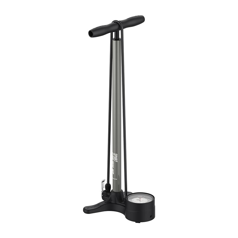Lezyne Sport Floor Drive floor pump with ABS-1 Pro chuck, black, capable of 220 PSI for bicycle tire inflation.