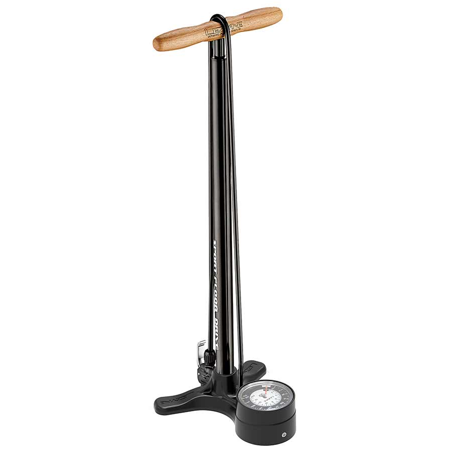 Lezyne Sport Floor Drive floor pump with ABS-1 Pro chuck and 220 PSI gauge, black, for bike tire inflation.