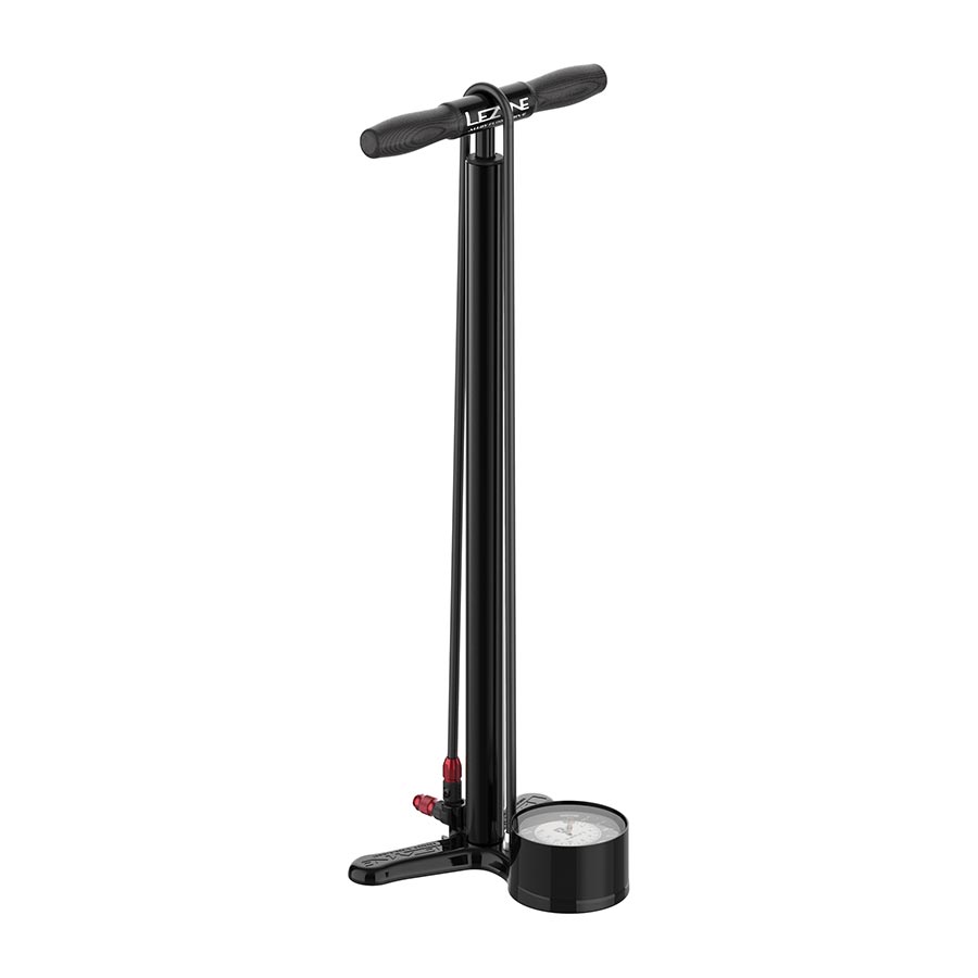 Lezyne Alloy Floor Drive pump with ABS-1 Pro chuck, silver alloy body, and 220 PSI capacity for bike tire inflation.
