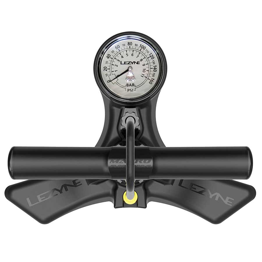 Lezyne Macro Floor Drive floor pump with dual valve head and red finish, capable of 220 PSI for bike tire inflation.