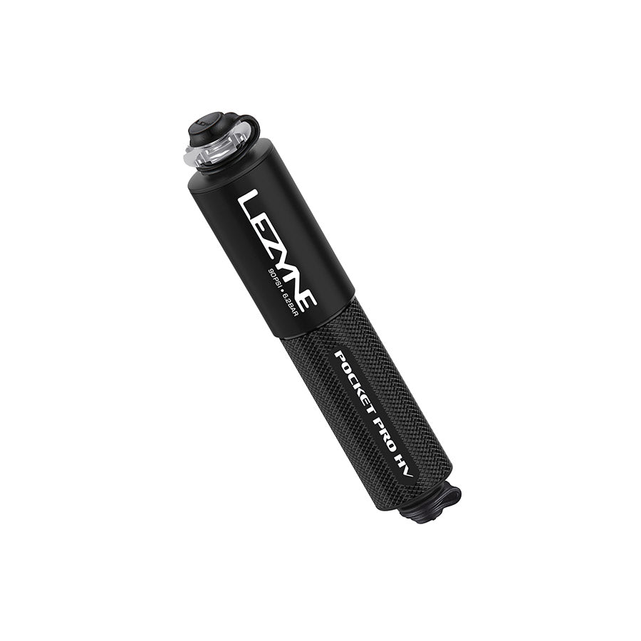 Lezyne Pocket Drive Pro HV frame pump in black with ABS flip chuck, 152mm length, capable of 90 PSI for bicycle tires.