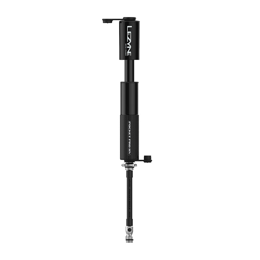 Lezyne Pocket Drive Pro HV frame pump in black with ABS flip chuck, 152mm length, suitable for bicycle tire inflation.