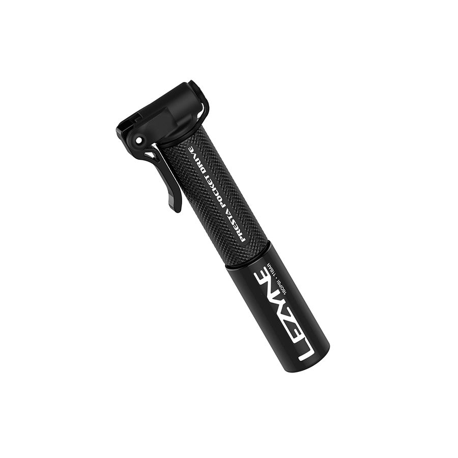 Lezyne Presta Pocket Drive frame pump in black, compact design with a 145mm length and 160 PSI capacity for bike tires.