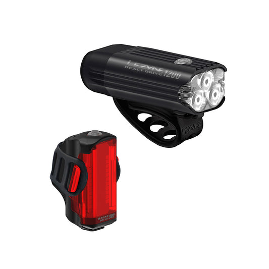 Lezyne Radar React System bike lights with front and rear lights in black, designed for visibility and safety during rides.