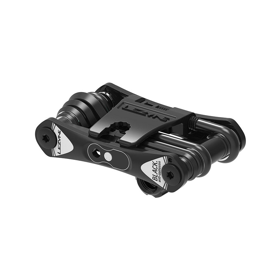 Lezyne Rap II 19 Co2 multi-tool with 19 tools including hex, Torx, screwdrivers, and CO2 cartridges, laid out on a surface.