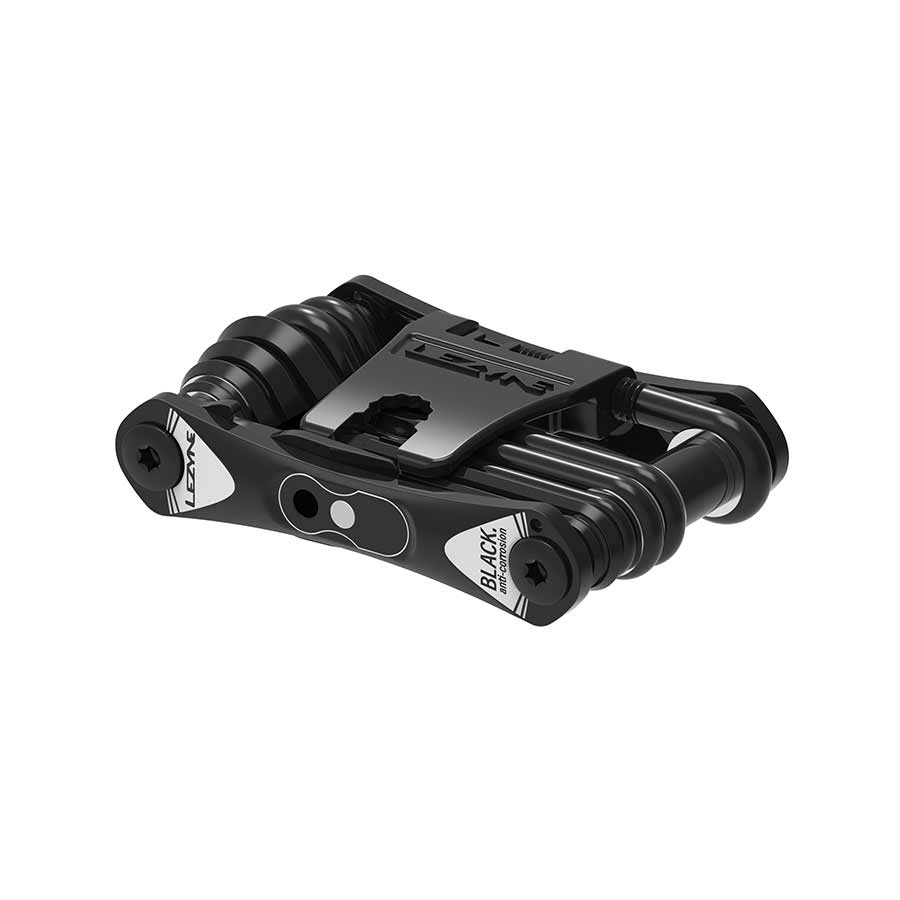 Lezyne RAP II multi-tool with six black tools arranged in a compact, portable design for versatile adjustments.