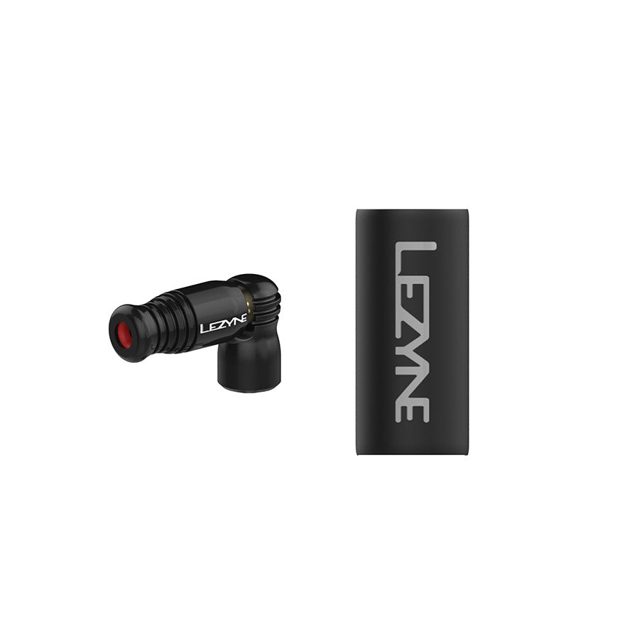 Lezyne Trigger Speed Drive CO2 inflator head with threaded Presta valve for bicycle tires.