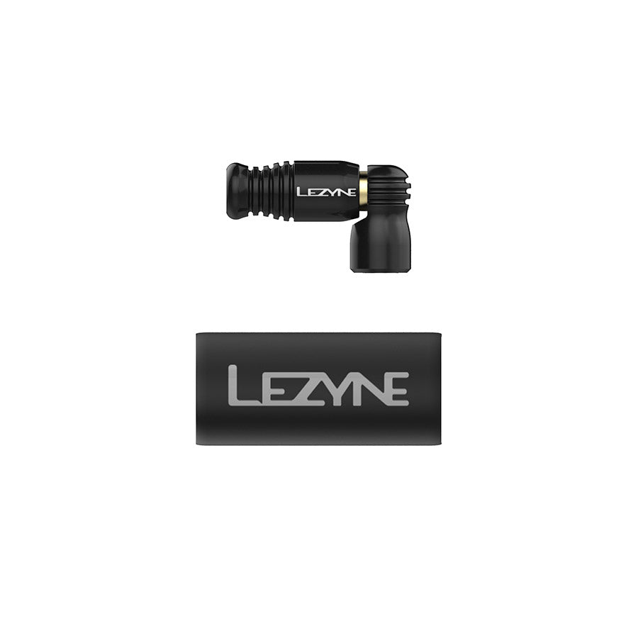 Lezyne Trigger Speed Drive CO2 inflator head with threaded Presta valve for quick, reliable bike tire inflation.