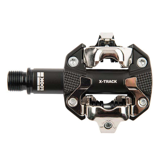 Look X-Track clipless MTB pedals with aluminum body and Cr-Mo axle, designed for mountain biking, in black.