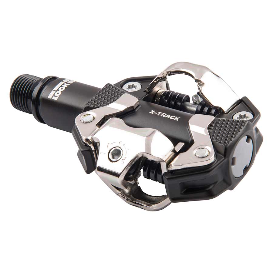 Look X-Track clipless MTB pedals with aluminum body and CR-MO axle, black finish, designed for mountain biking.