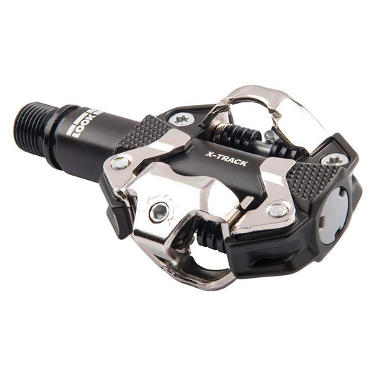 Look X-Track clipless MTB pedals with aluminum body and CR-MO axle, black finish, designed for mountain biking.