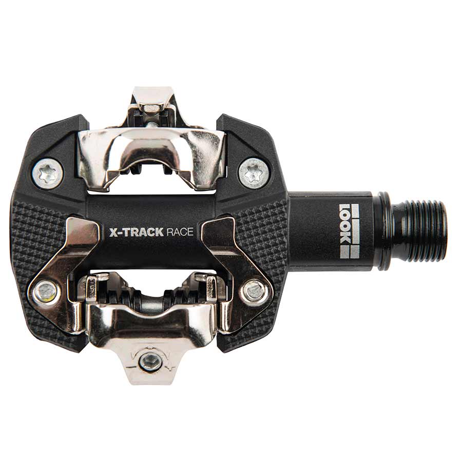 Look X-Track Race clipless MTB pedals with composite body and CR-MO axle in black, designed for mountain biking.