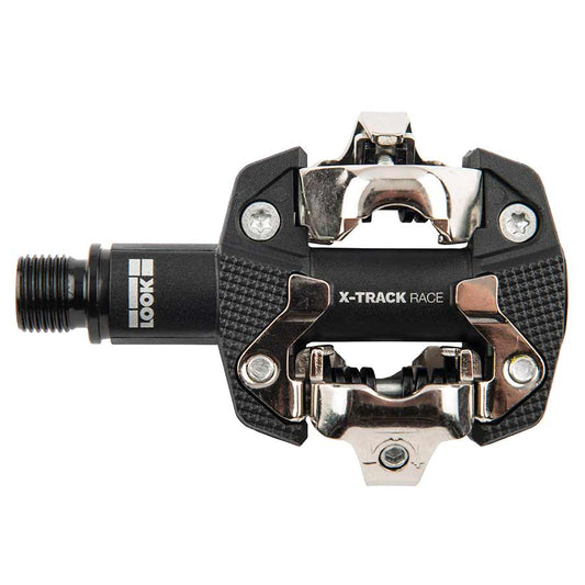 Look X-Track Race clipless MTB pedals with black composite body and CR-MO axle, designed for mountain biking.