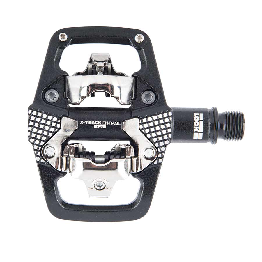 Look X-Track En-Rage+ clipless MTB pedals with aluminum body and chromoly axle, black finish, designed for mountain biking.