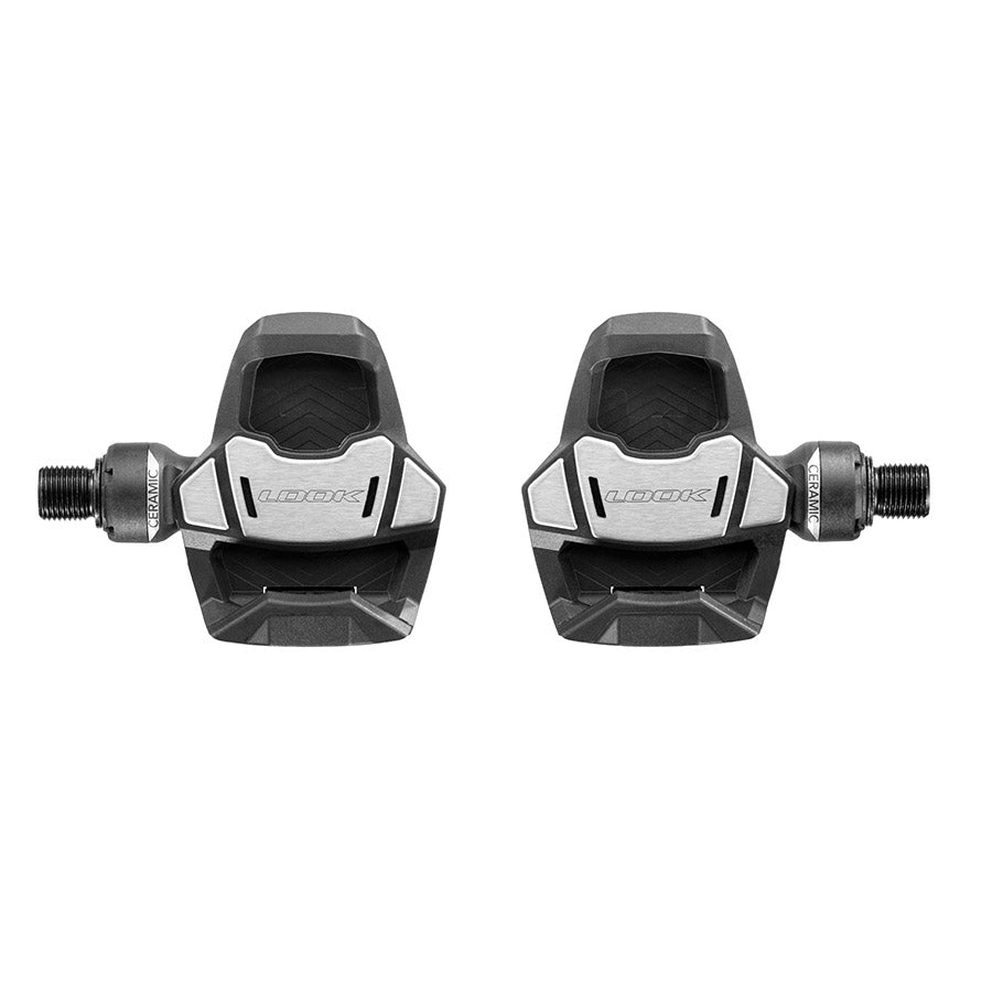 Look Keo Blade Ceramic 12 clipless road pedals with carbon body and black finish, featuring 56mm spindle and lightweight design.