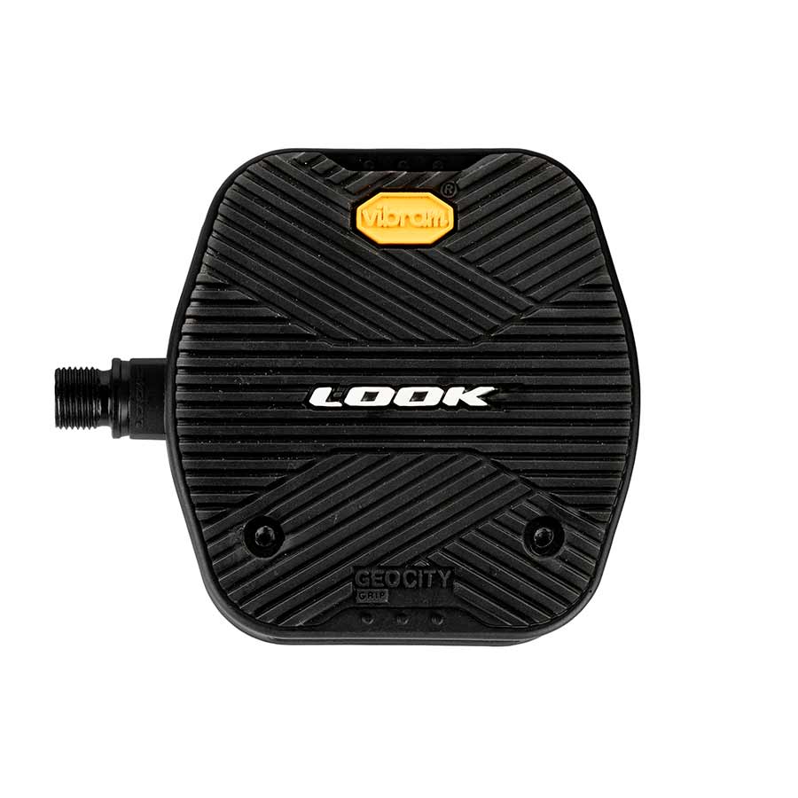 Black Look Geo City Grip platform pedals with textured grip surface for bicycles, showcasing their sturdy design and durable construction.