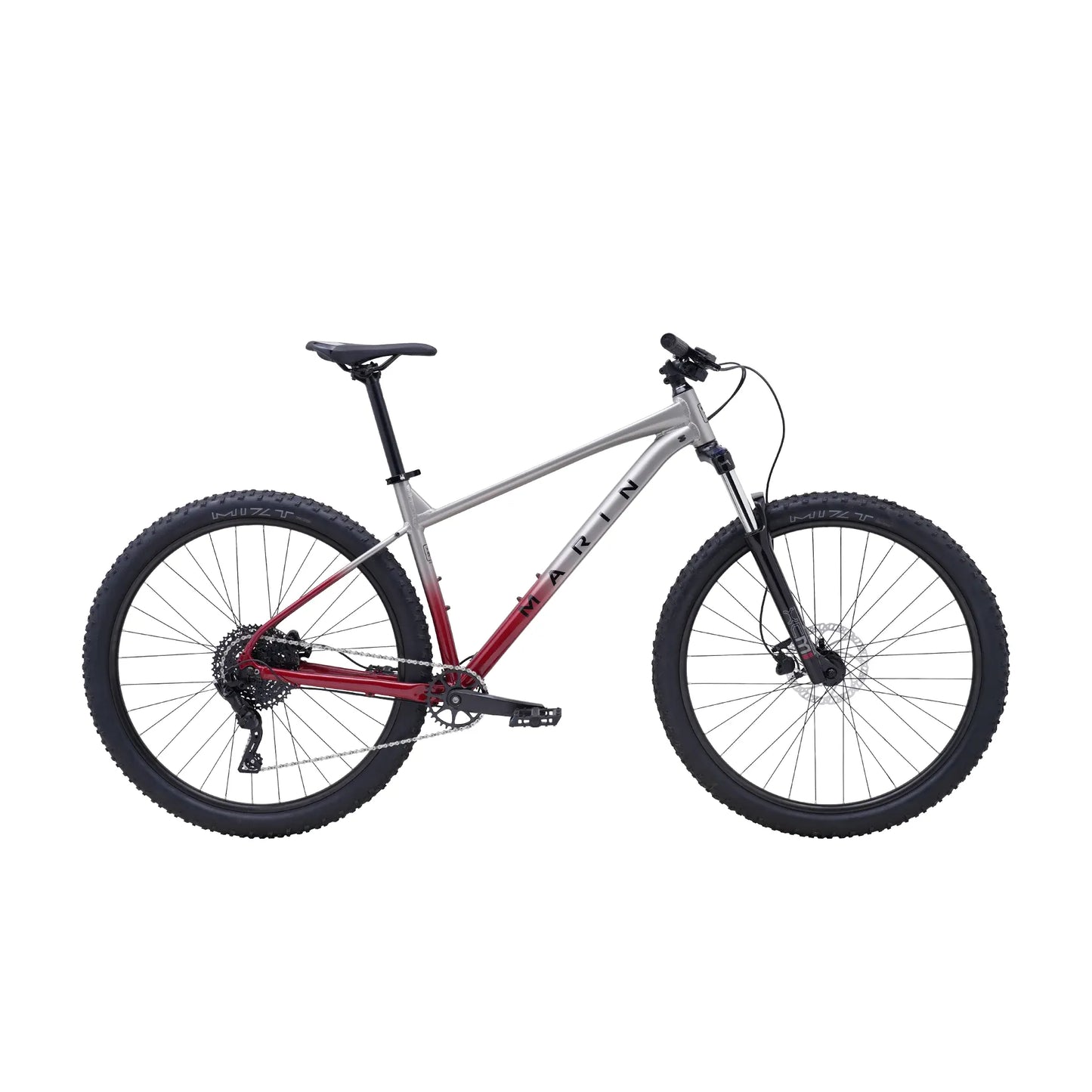 Marin Bobcat Trail 3 mountain bike in grey and blue, small size, showcasing the frame and front suspension.