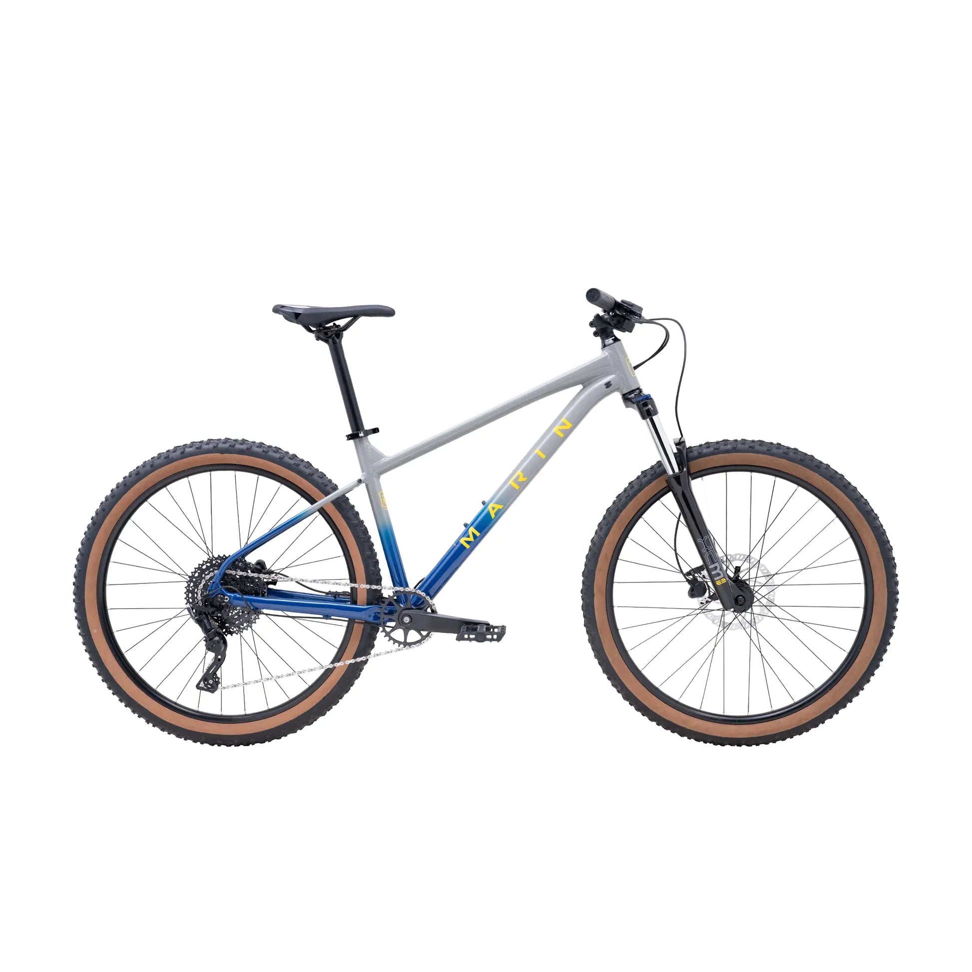 Marin Bobcat Trail 3 mountain bike in grey and blue, small size, featuring a sturdy frame and off-road tires.