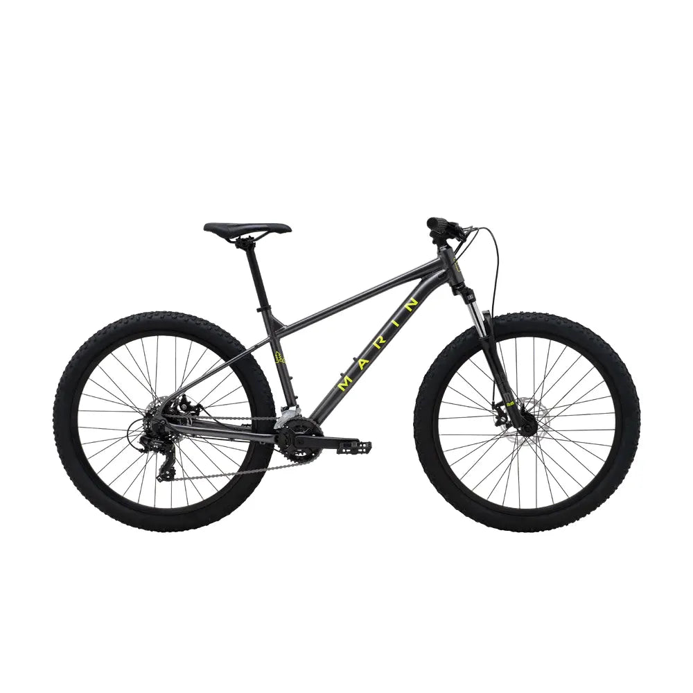 Marin Bolinas Ridge 1 mountain bike in charcoal and yellow, small size, with suspension fork and knobby tires.