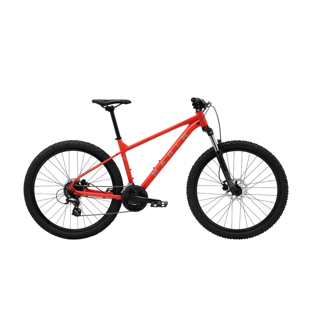 Marin Bolinas Ridge 1 mountain bike in charcoal and yellow, small size, with front suspension and knobby tires for trail riding.