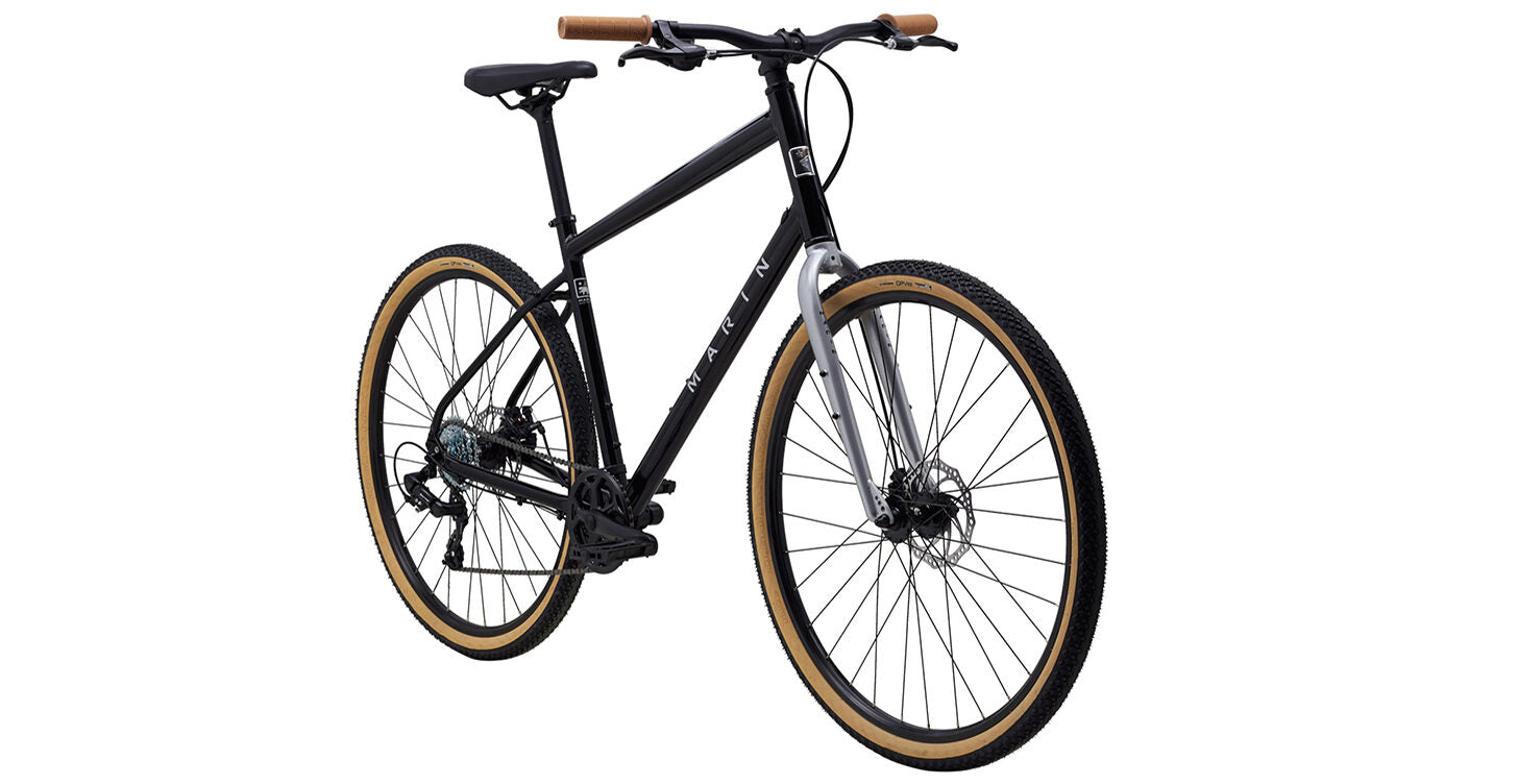 Black Marin Kentfield 1 urban city bicycle with sleek frame and city-ready features, designed for comfortable urban riding.