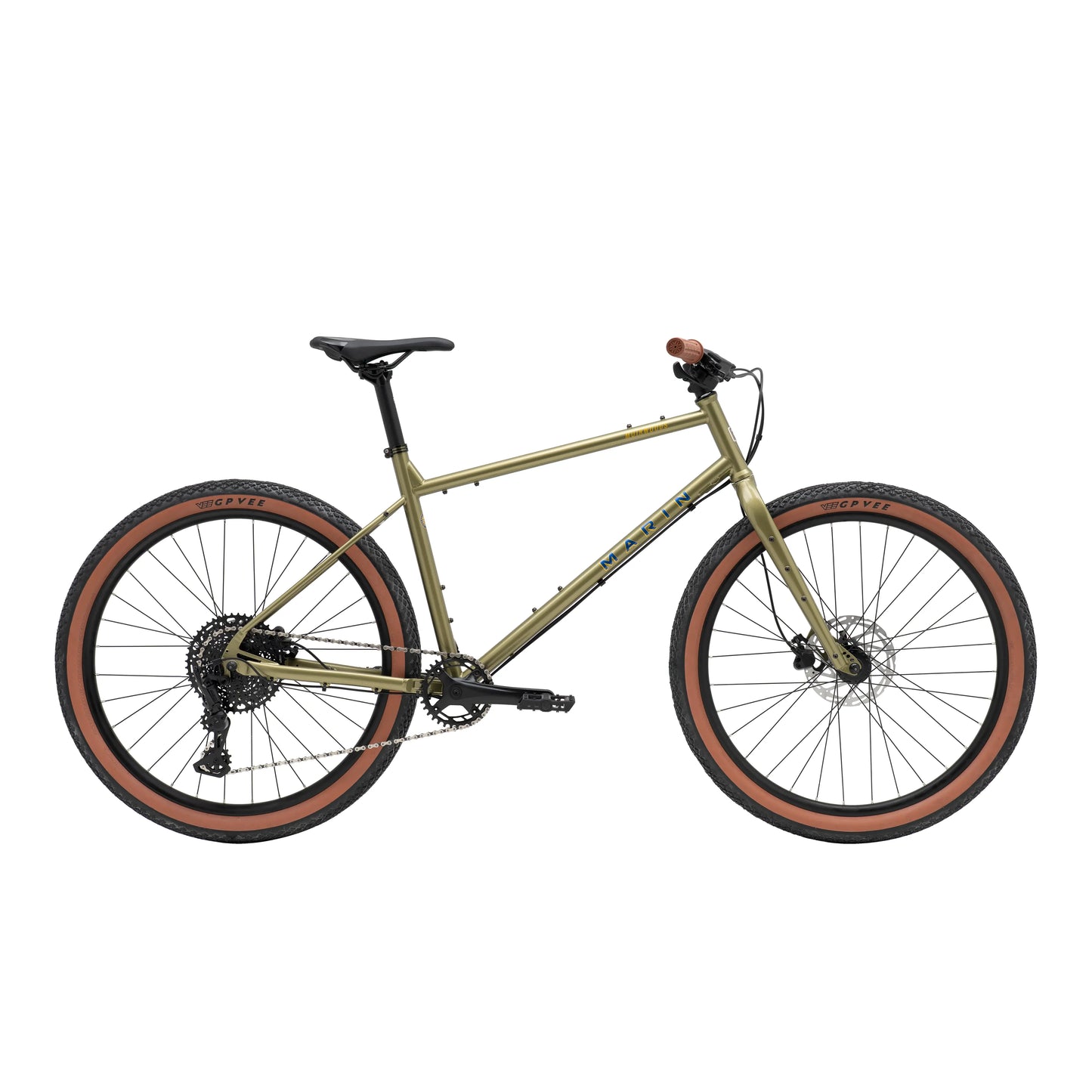 Green and gold Marin Muirwoods urban city bicycle with a sleek frame, designed for city commuting and urban cycling.