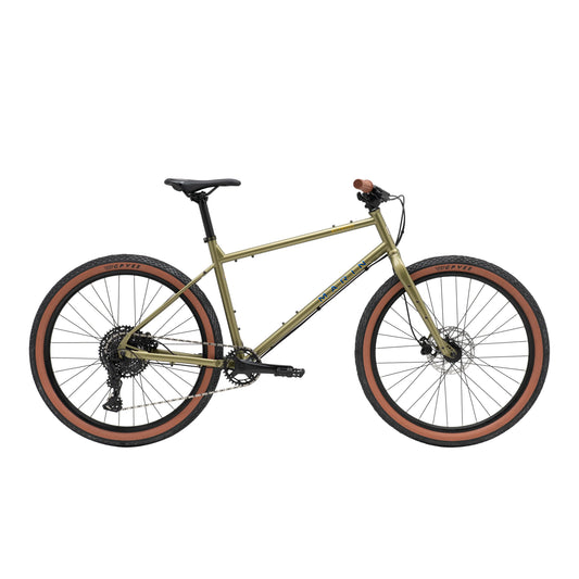 Green and gold Marin Muirwoods urban city bicycle with a sleek frame, designed for city commuting and urban cycling.