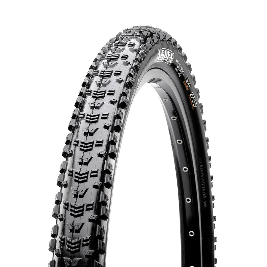 Maxxis Aspen mountain tires, 29x2.25 folding tubeless-ready tires with dual Exo protection in black, designed for mountain biking.