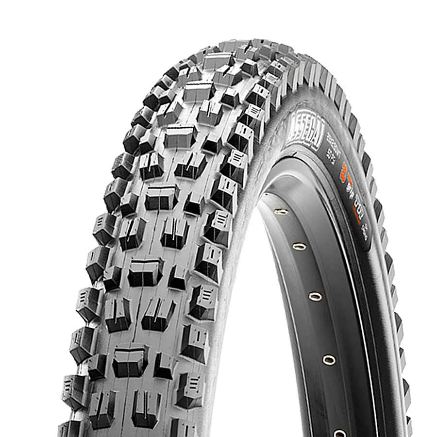 Maxxis Assegai mountain tire with 27.5x2.50 folding tubeless-ready design, black rubber, Maxx Grip compound, wide trail tread