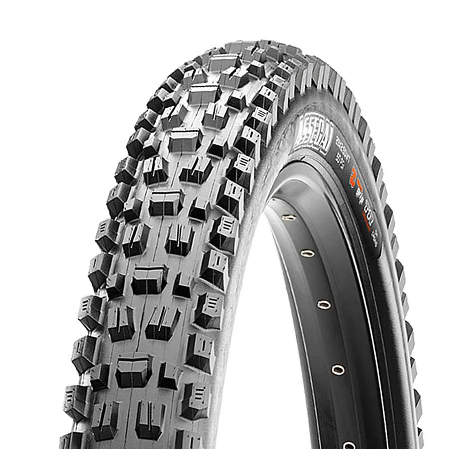 Maxxis Assegai mountain tire with 275x2.50 size, tubeless-ready, black rubber, rugged tread for trail and downhill riding.